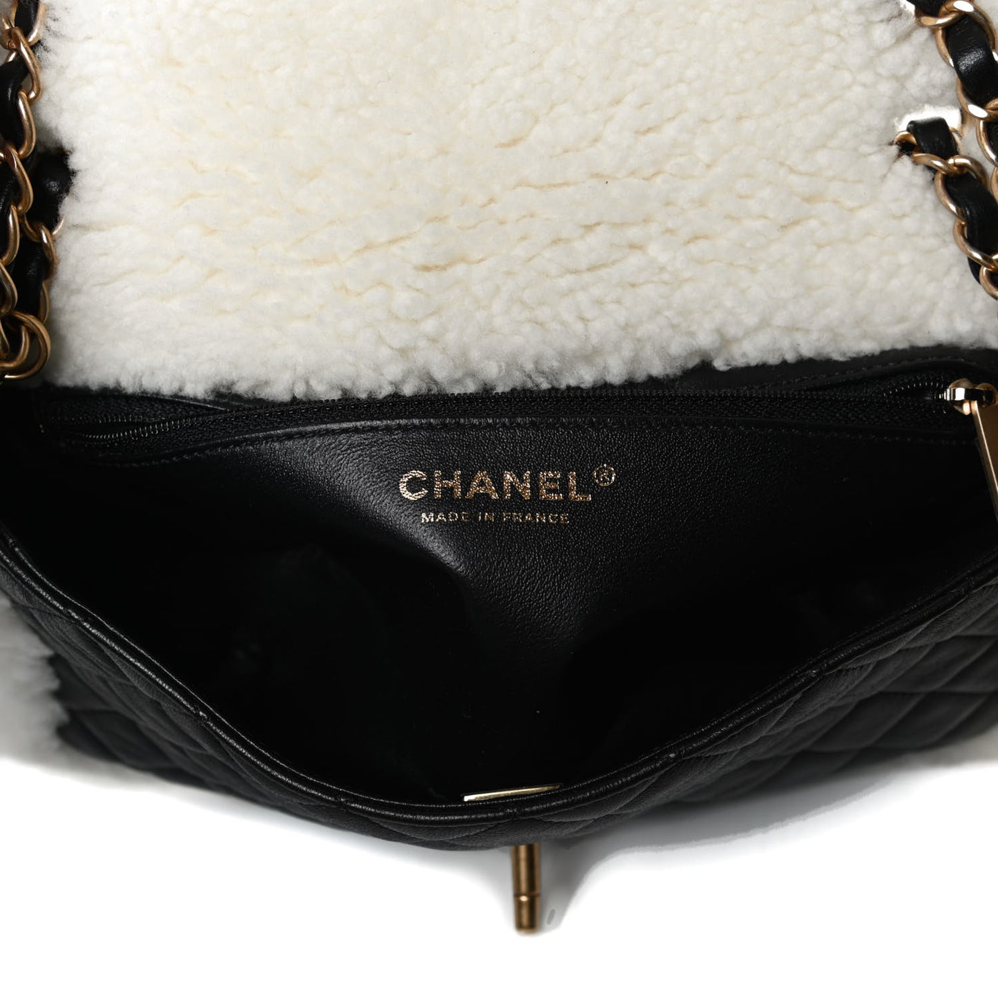 Lambskin Shearling Large CC Flap Bag Black White