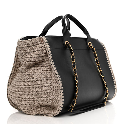 Chanel Calfskin Knit Medium Deauville Tote Black Beige 3 of 11