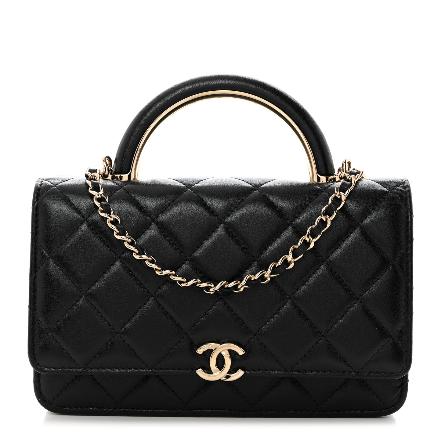 Lambskin Quilted Top Handle Wallet On Chain WOC Black