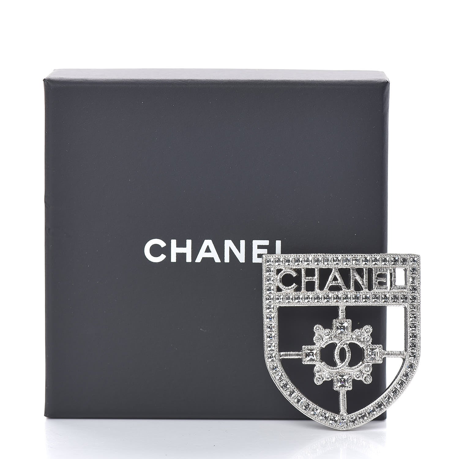 Chanel Swarovski Baguette Crystal CC Shield Brooch Silver 5 of 5