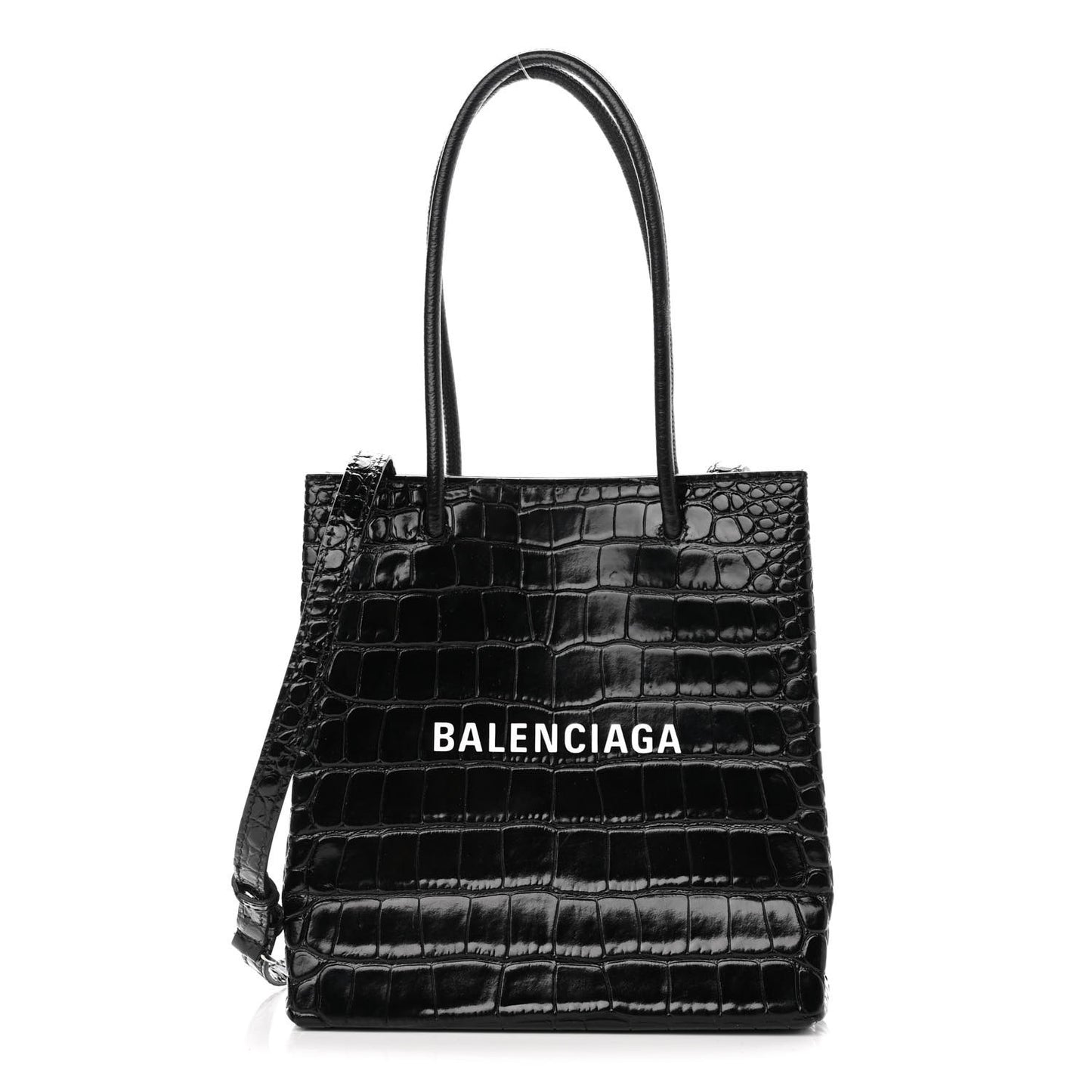 Shiny Calfskin Logo Crocodile Embossed North South Shopper Tote XXS Black White