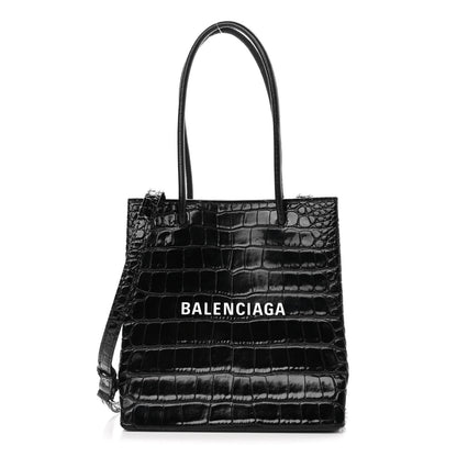 Balenciaga Shiny Calfskin Logo Crocodile Embossed North South Shopper Tote XXS Black White 1 of 10
