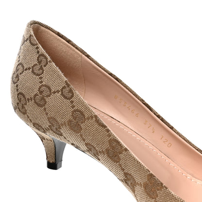 Gucci Canvas GG Monogram Horsebit Slingback Pumps 37.5 Beige Ebony Cocoa 8 of 9