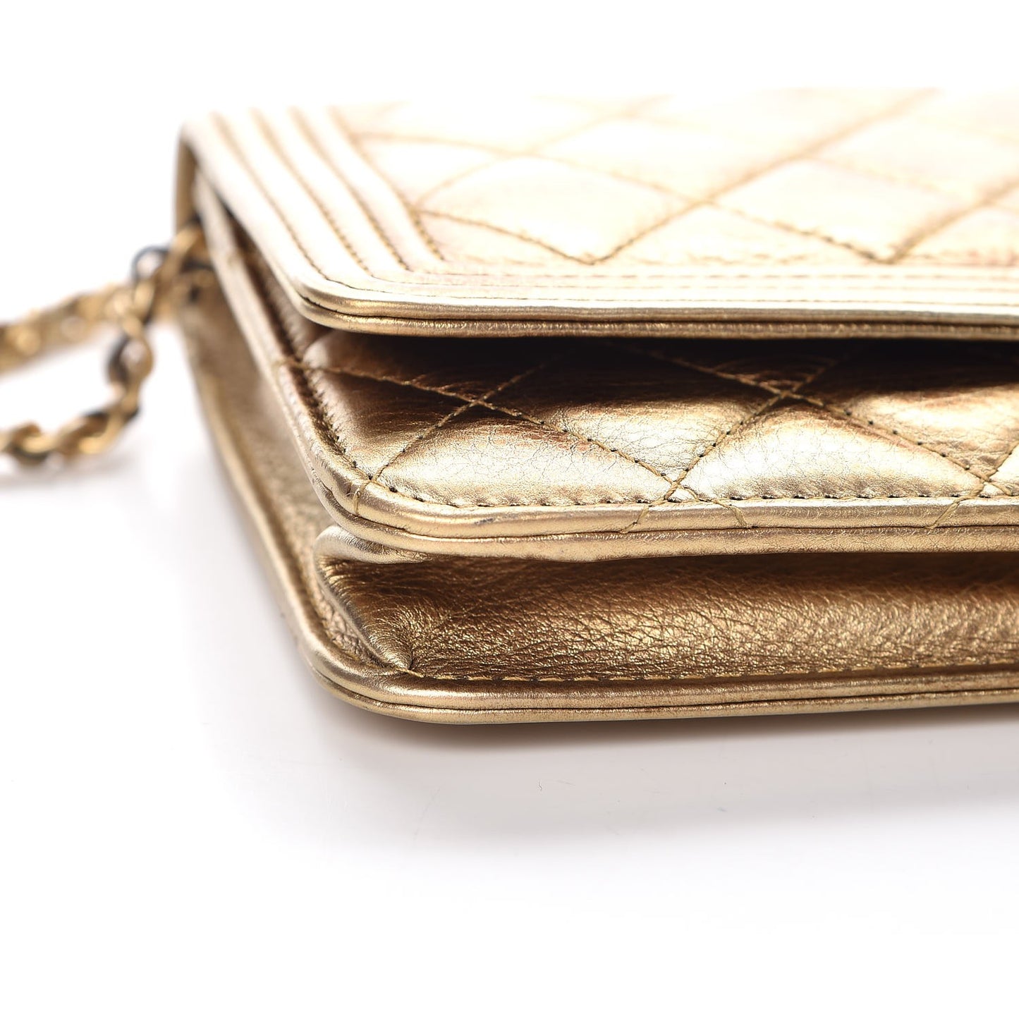 Metallic Calfskin Quilted Boy Wallet On Chain WOC Gold