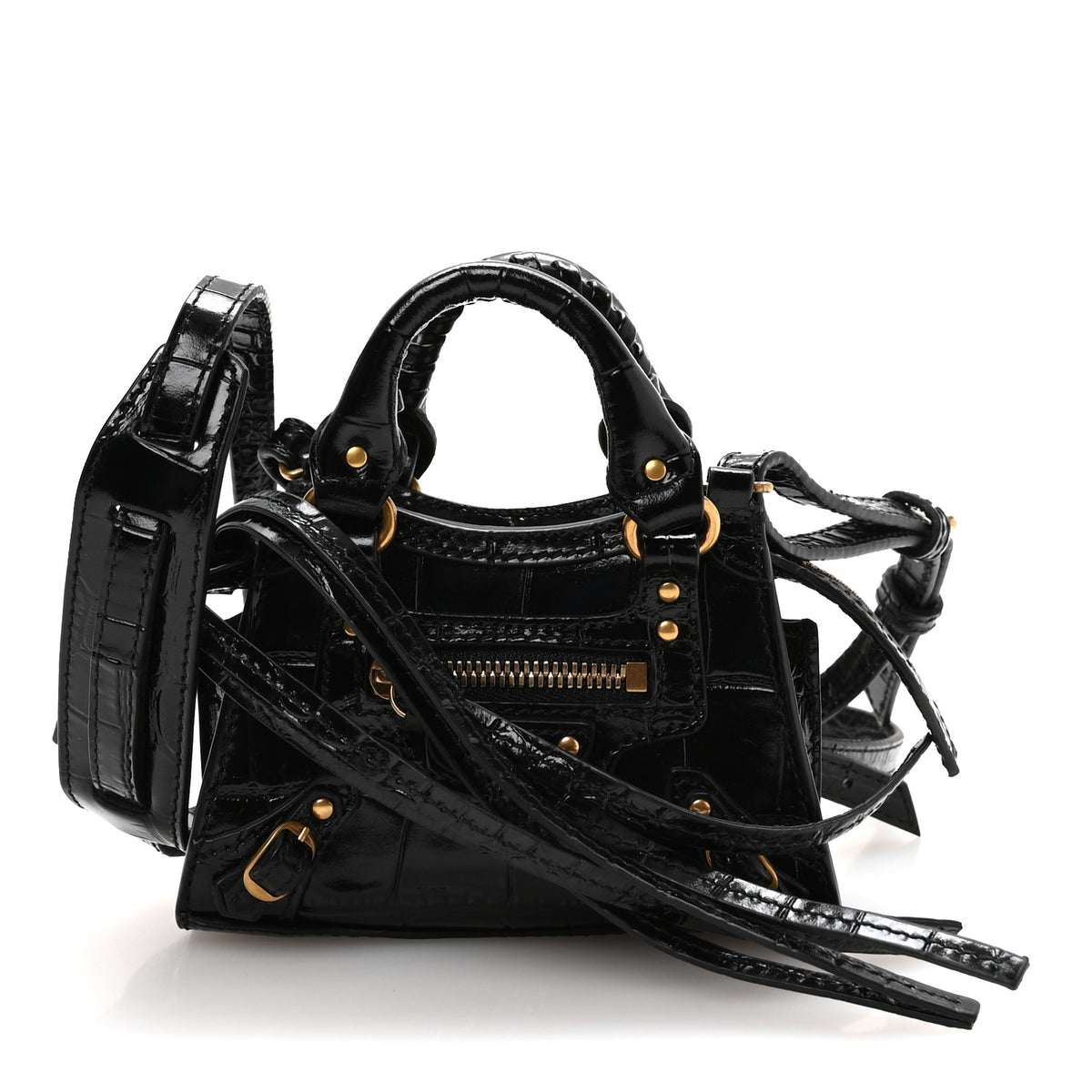 Shiny Supple Calfskin Crocodile Embossed Neo Classic Gold Hardware Super Nano City Crossbody Black