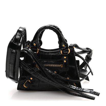 Balenciaga Shiny Supple Calfskin Crocodile Embossed Neo Classic Gold Hardware Super Nano City Crossbody Black 1 of 10
