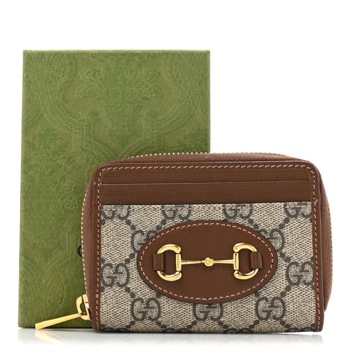 GG Supreme Monogram Azalea Calfskin Horsebit 1955 Zip Around ID Card Case Wallet Beige Ebony Brown Sugar