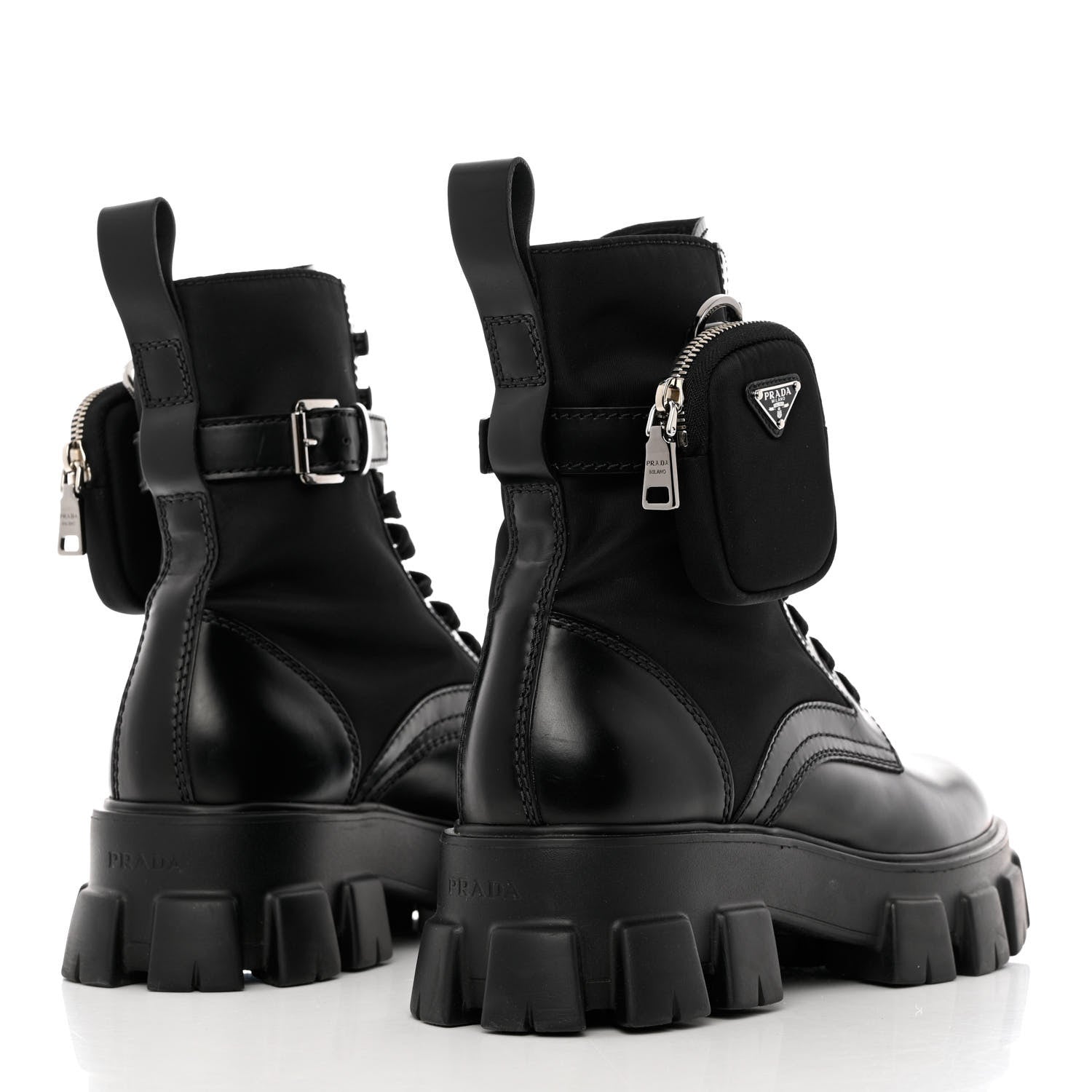 Prada Spazzolato Rois Re-Nylon Metal Triangle Logo Mens Monolith Pouch Pocket 60mm Combat Boots 9 Black 4 of 11