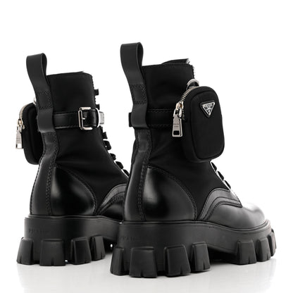 Prada Spazzolato Rois Re-Nylon Metal Triangle Logo Mens Monolith Pouch Pocket 60mm Combat Boots 9 Black 4 of 11