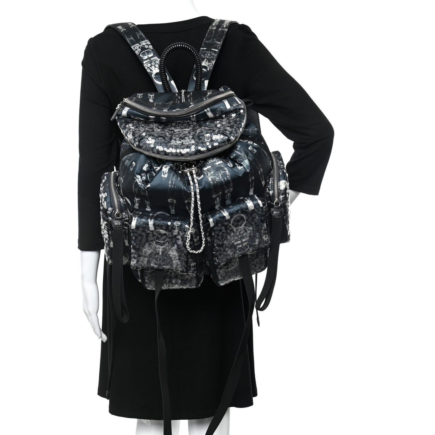 Sequin Nylon Lambskin Astronaut Essentials Backpack Black White