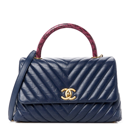 Chanel Aged Calfskin Snakeskin Chevron Quilted Small Coco Handle Flap Navy 1 of 11