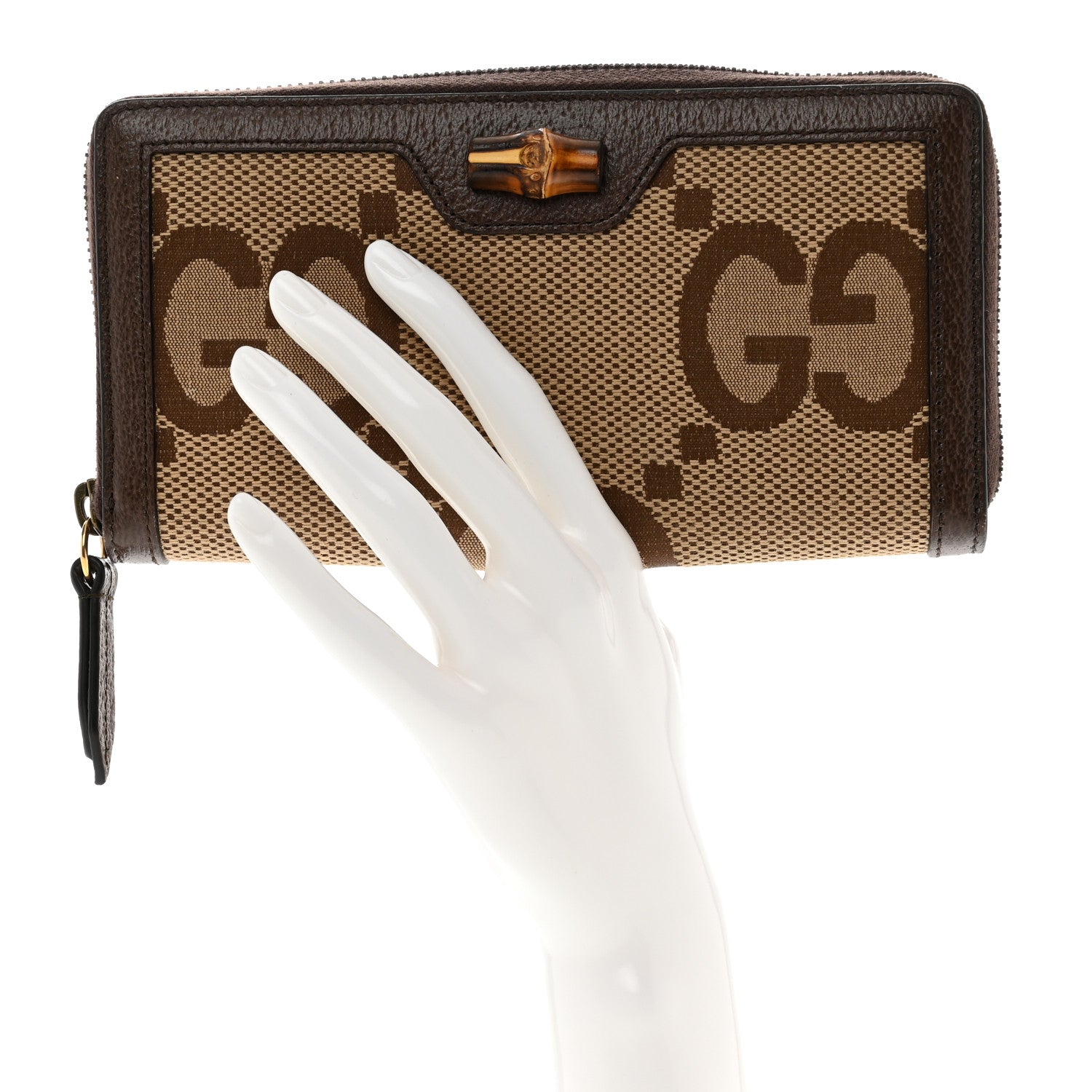 Gucci Monogram Jumbo GG Textured Dollar Calfskin Diana Zip Around Continental Wallet Camel Ebony New Acero 2 of 8