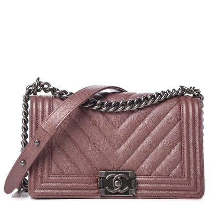 Chanel Metallic Caviar Chevron Quilted Medium Boy Flap Dark Pink 1 of 8