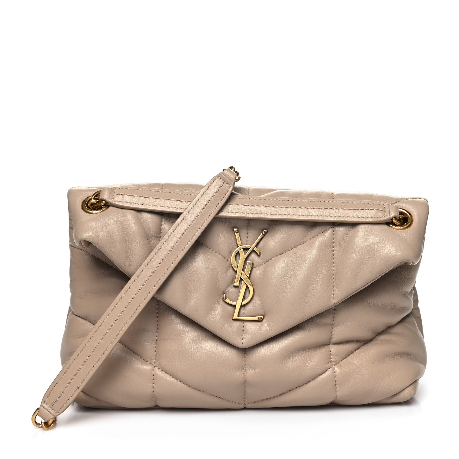 Saint Laurent Lambskin Quilted Small Loulou Puffer Monogram Chain Satchel Dark Beige 1 of 11