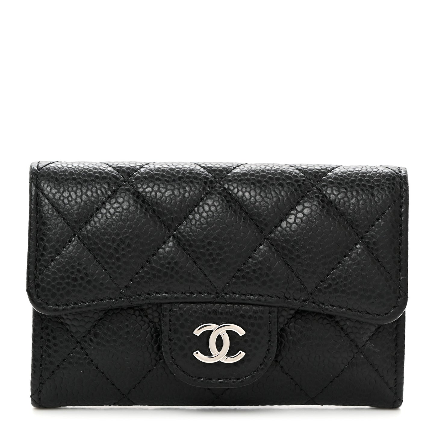 Caviar Quilted Flap Card Holder Wallet Black