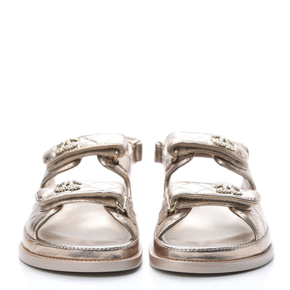 Chanel Iridescent Lambskin Quilted Velcro Dad Sandals 38 Light Bronze 2 of 9