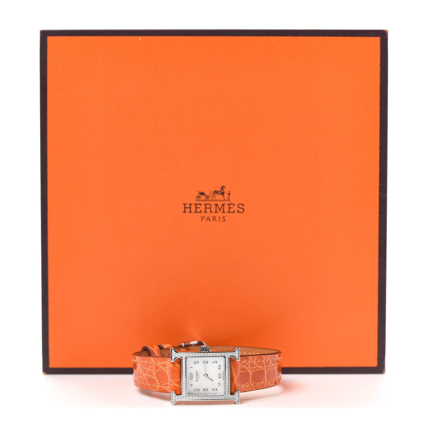 Stainless Steel Alligator Diamond Bezel Mother of Pearl 17.2mm Heure H Hour Quartz Watch Orange