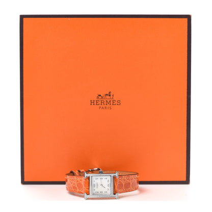 Hermes Stainless Steel Alligator Diamond Bezel Mother of Pearl 17.2mm Heure H Hour Quartz Watch Orange 5 of 5