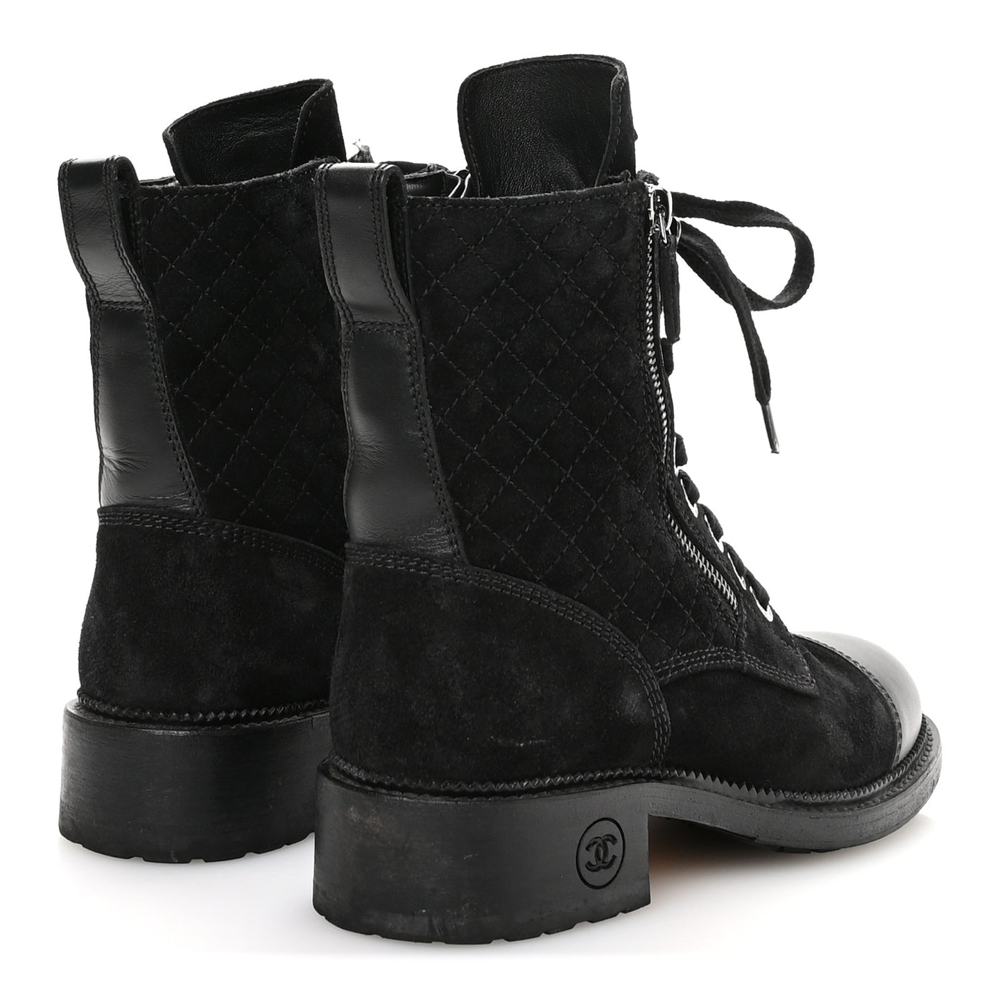 Suede Calfskin Quilted Lace Up Combat Boots 37 Black