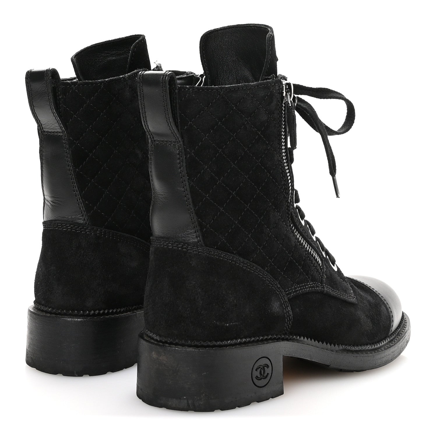 Chanel Suede Calfskin Quilted Lace Up Combat Boots 37 Black 5 of 9