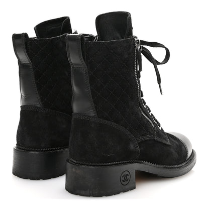 Chanel Suede Calfskin Quilted Lace Up Combat Boots 37 Black 5 of 9
