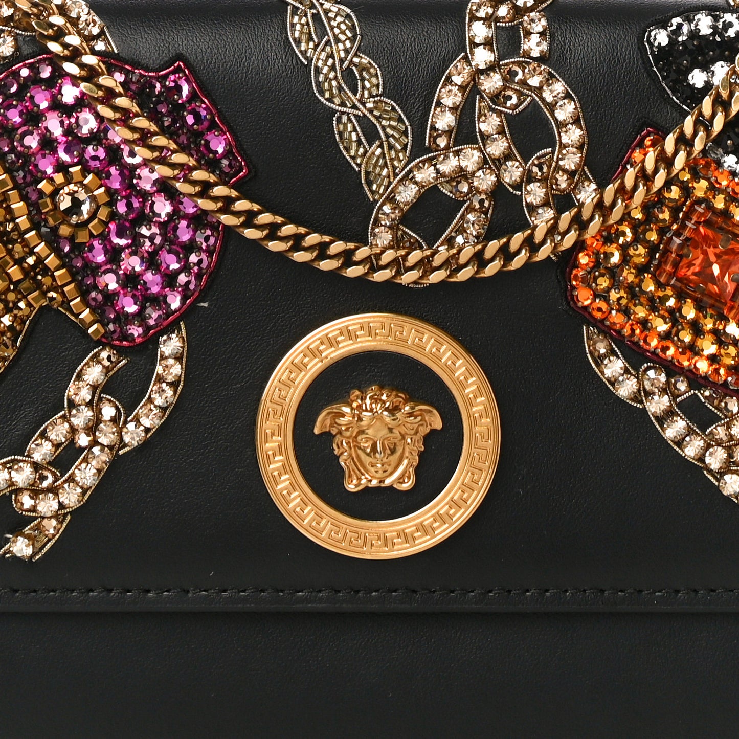 Nappa Crystal Embroidered Medusa Wallet on Chain Crossbody Black