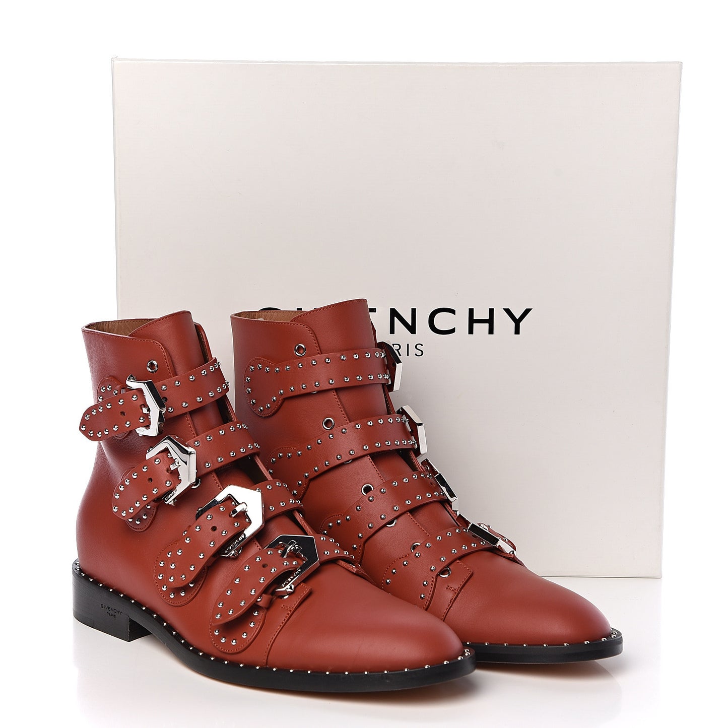 Calfskin Studded Prue Buckle Bootie 38.5 Cognac