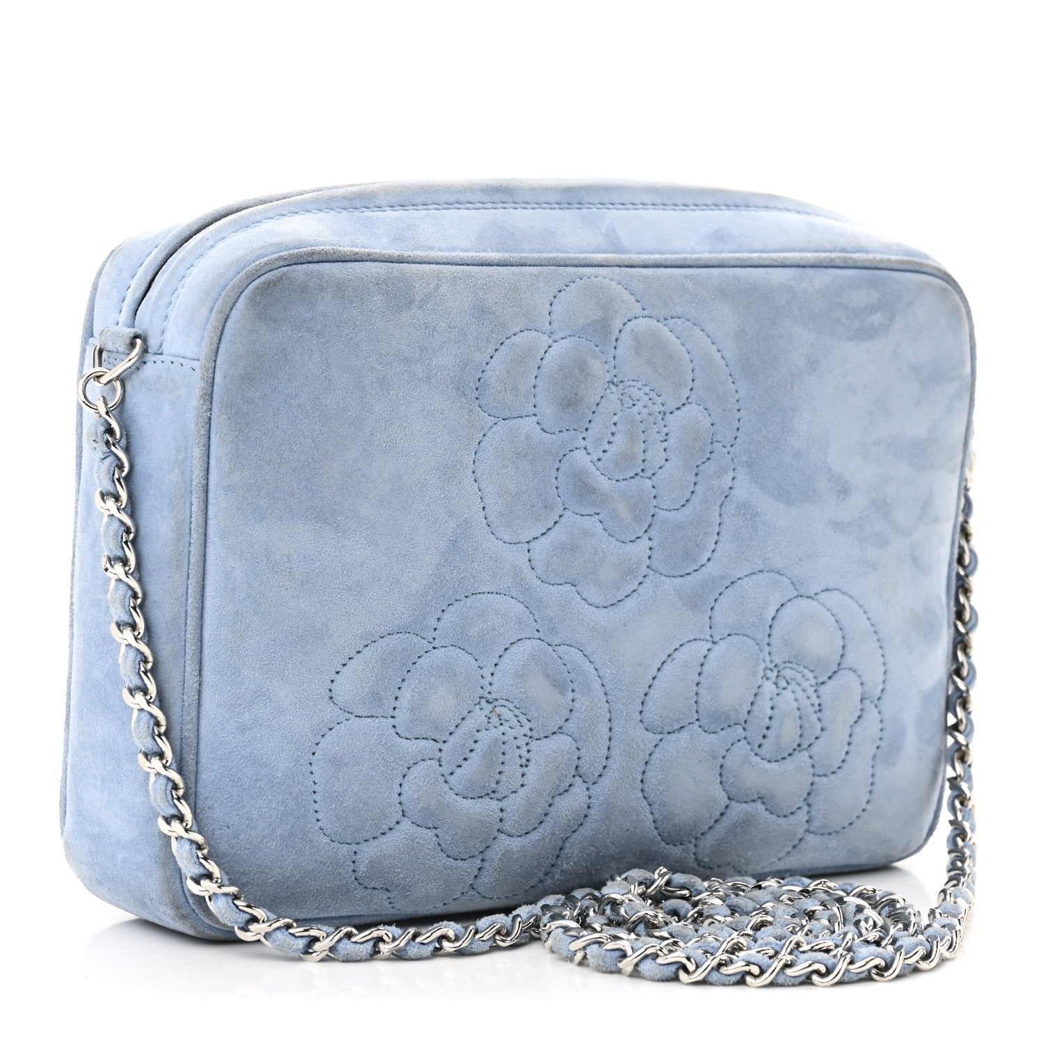 Chanel Suede Camellia Camera Case Light Blue 3 of 12