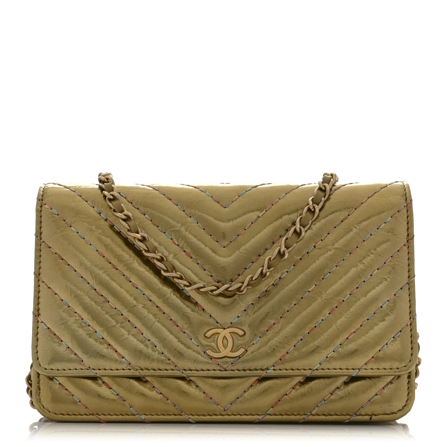 Metallic Aged Calfskin Chevron Quilted Multicolor Stitch Wallet On Chain WOC Gold