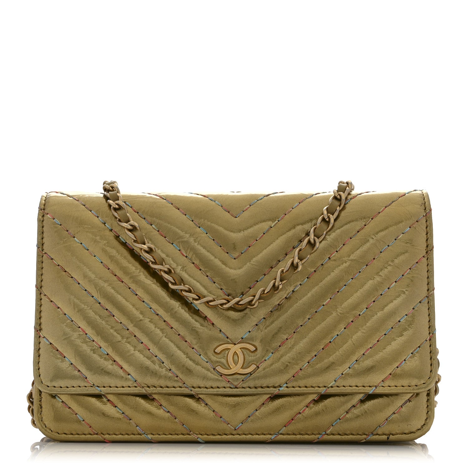 Chanel Metallic Aged Calfskin Chevron Quilted Multicolor Stitch Wallet On Chain WOC Gold 1 of 10