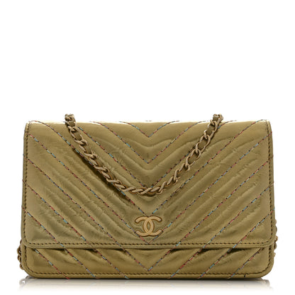 Chanel Metallic Aged Calfskin Chevron Quilted Multicolor Stitch Wallet On Chain WOC Gold 1 of 10