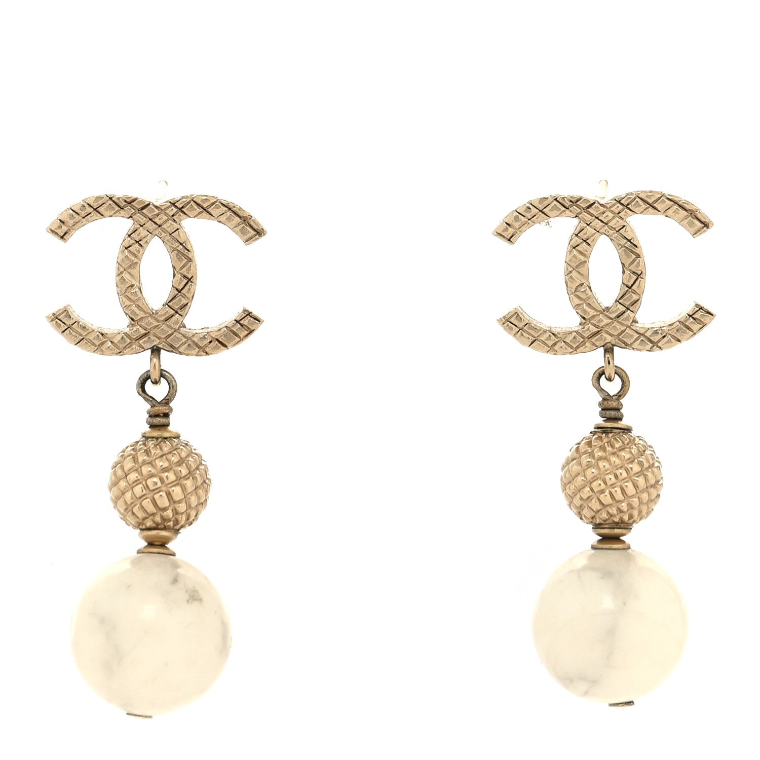 Chanel Metal Pearl Quilted CC Drop Earrings Gold White 1 of 4