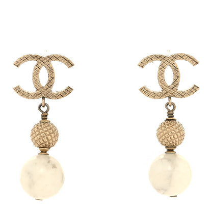 Chanel Metal Pearl Quilted CC Drop Earrings Gold White 1 of 4