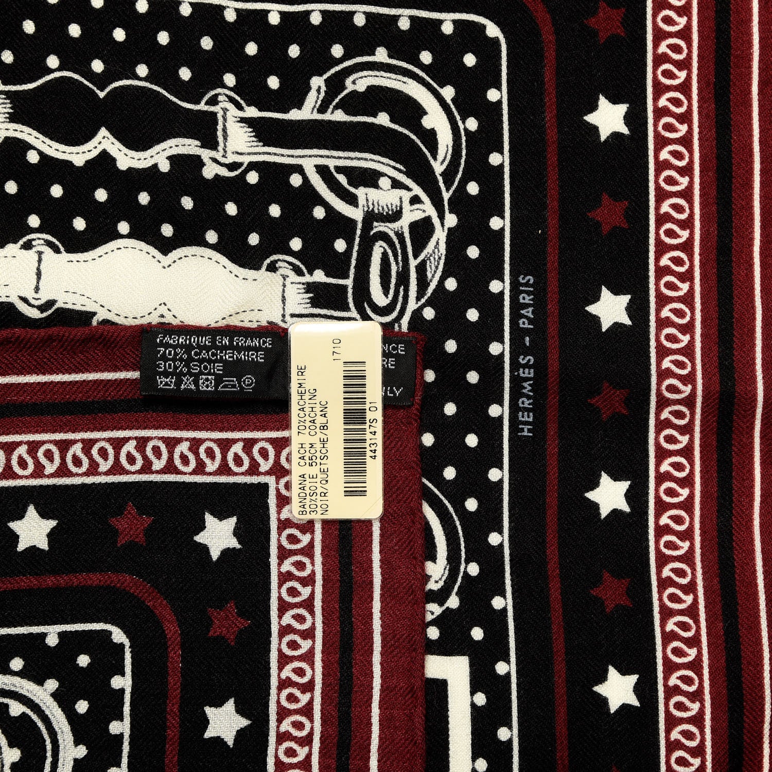 Hermes Cashmere Silk Coaching Bandana Scarf 55 Black Quetsche White 3 of 3