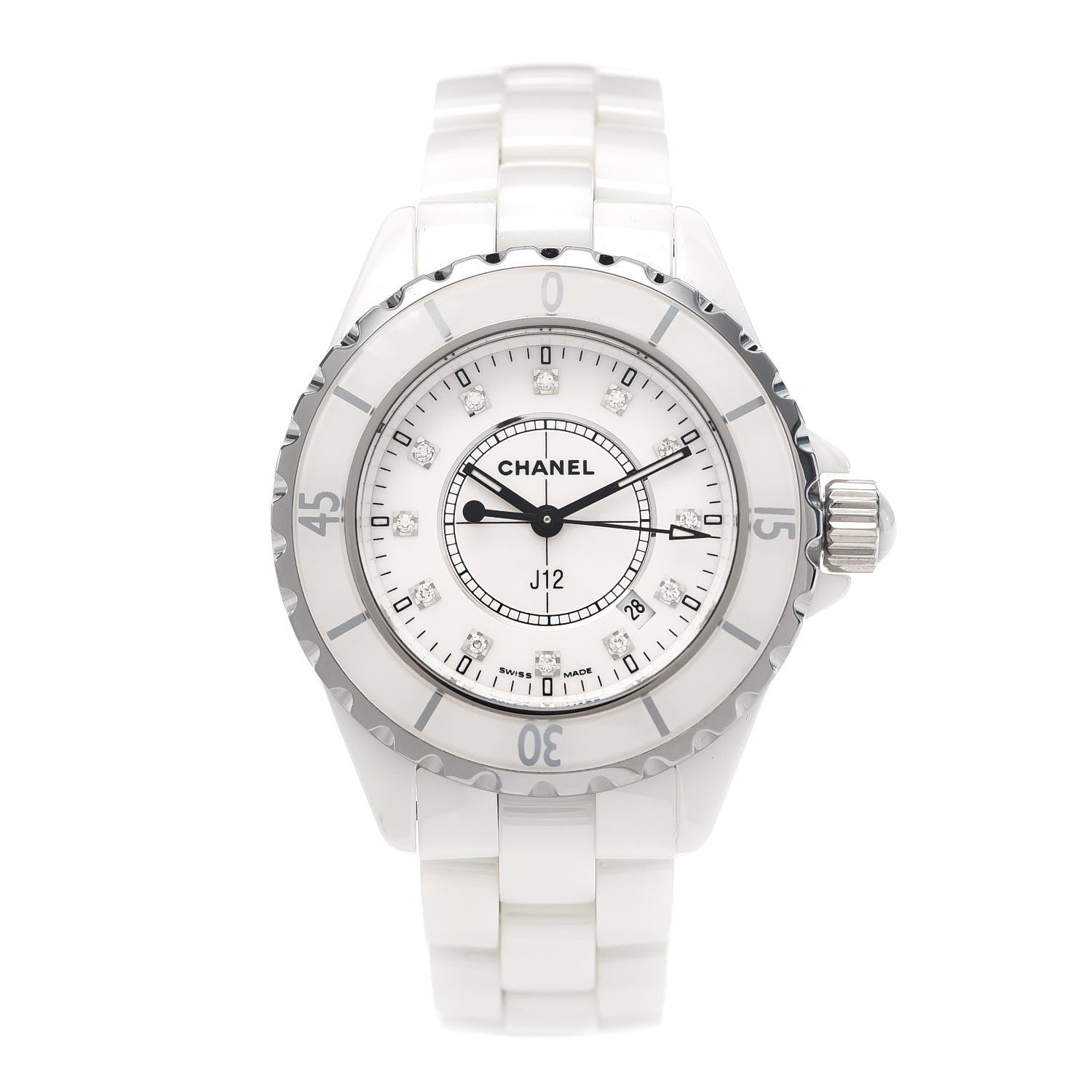 Chanel Stainless Steel Ceramic Diamond 33mm J12 Quartz Watch White 1 of 5