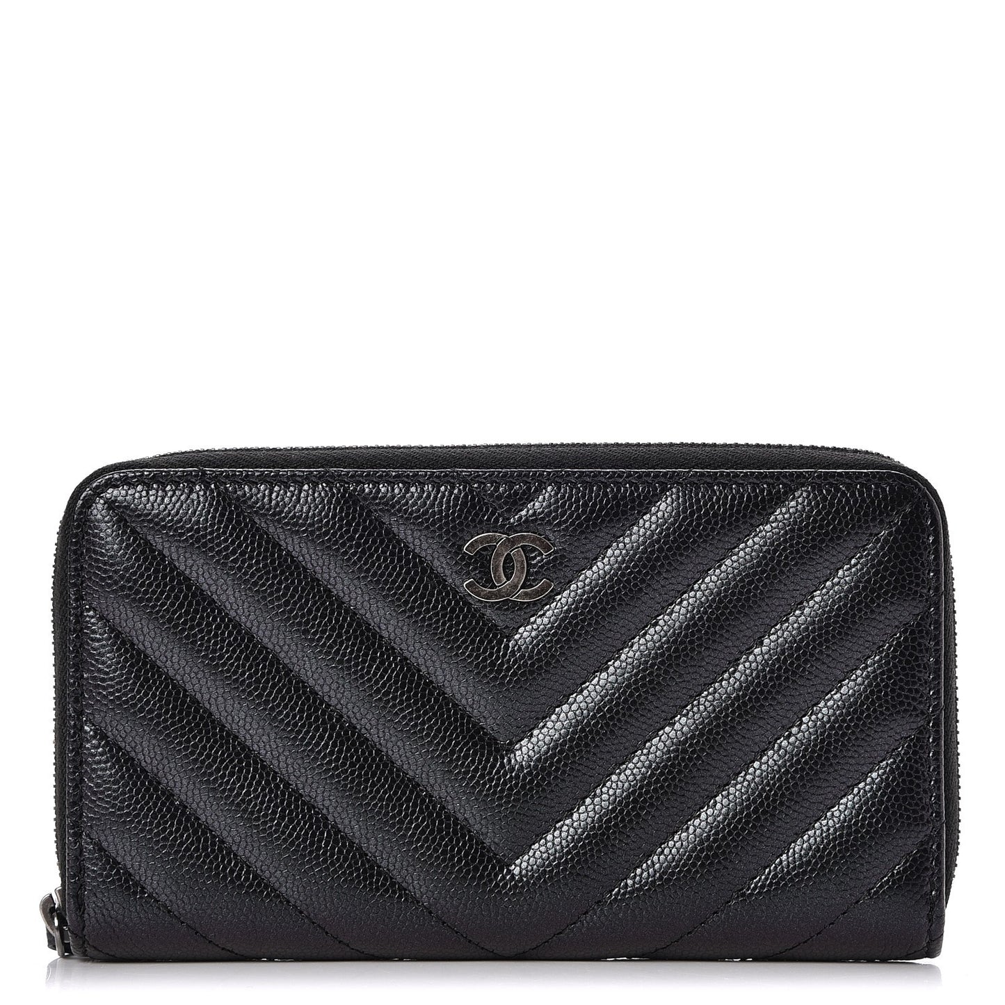 Iridescent Caviar Chevron Quilted Medium Zip Around Wallet Black