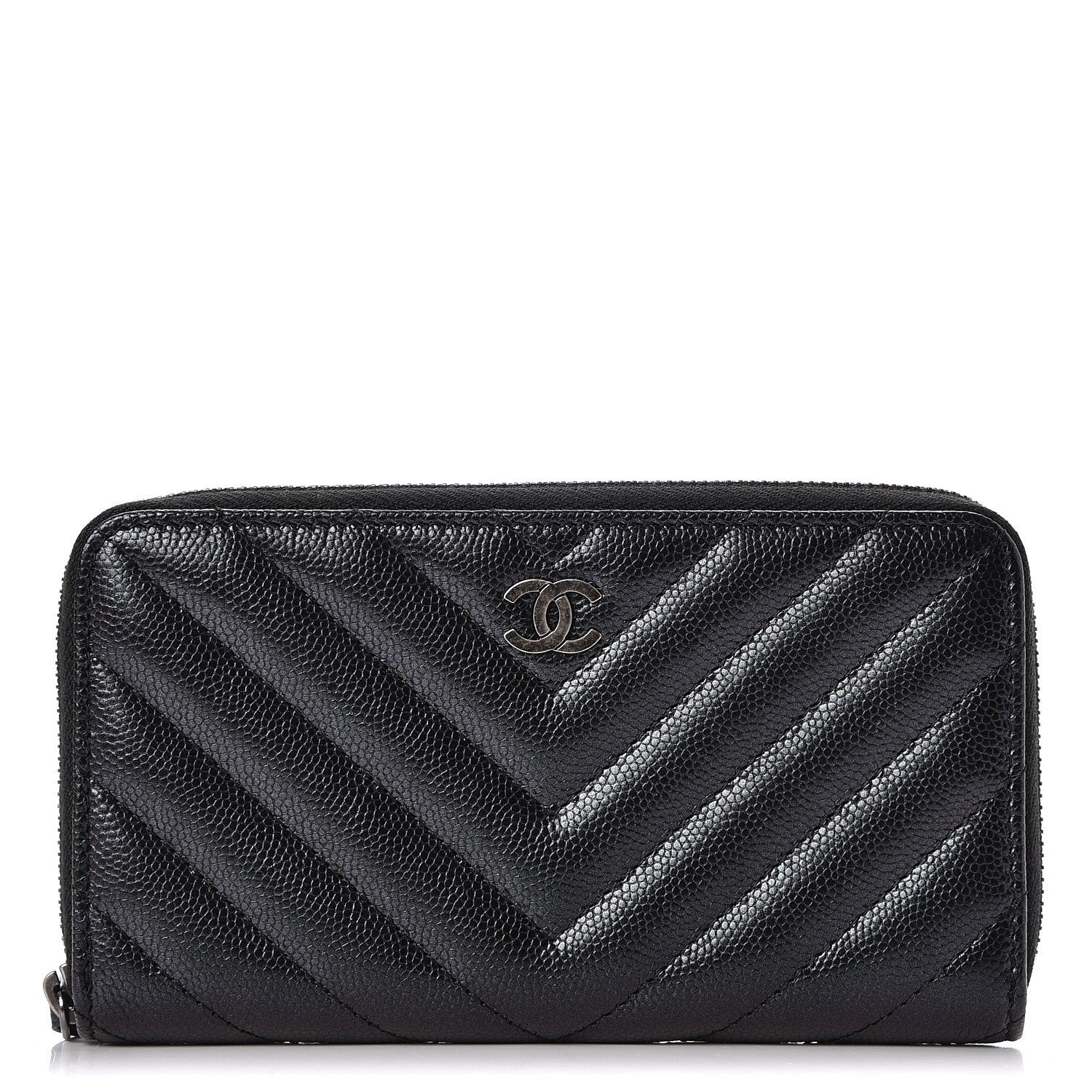 Chanel Iridescent Caviar Chevron Quilted Medium Zip Around Wallet Black 1 of 9