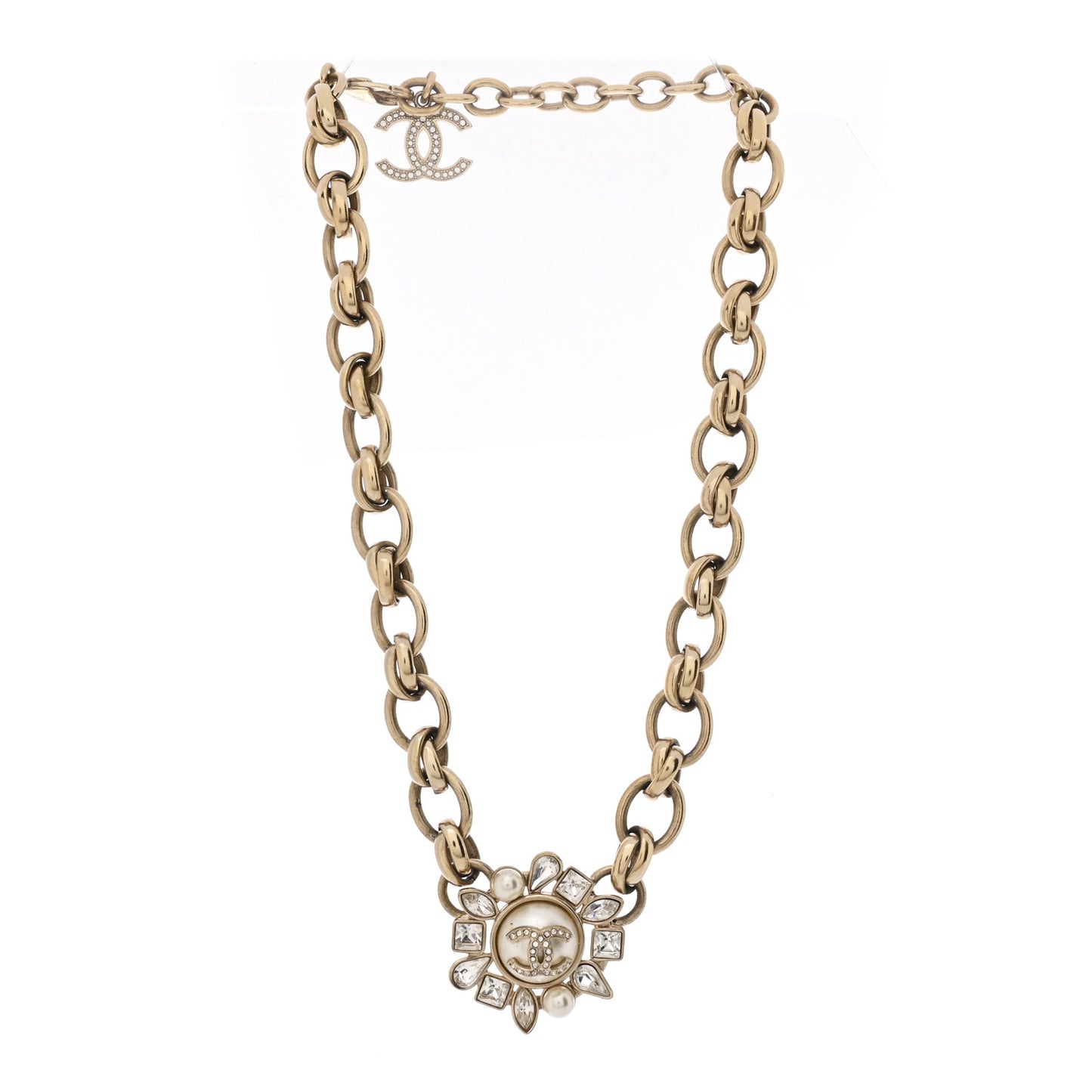 Pearl Crystal CC Snowfall Chain Short Necklace Light Gold