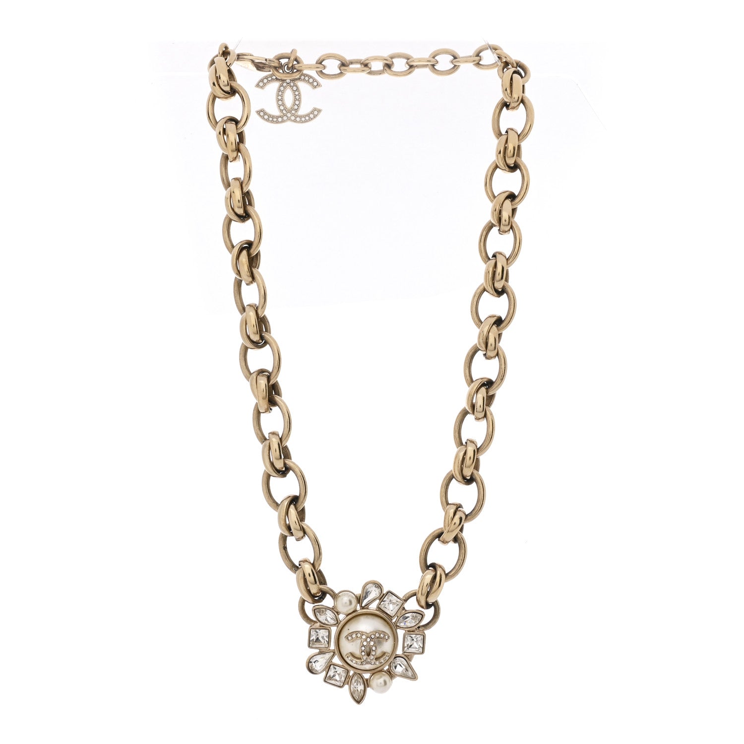 Chanel Pearl Crystal CC Snowfall Chain Short Necklace Light Gold 3 of 6