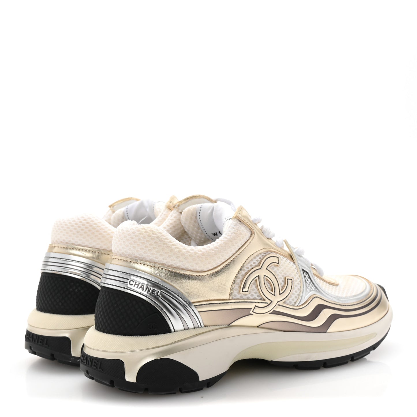 Fabric Laminated Calfskin Stretch CC Sneakers 38.5 White Gold Silver