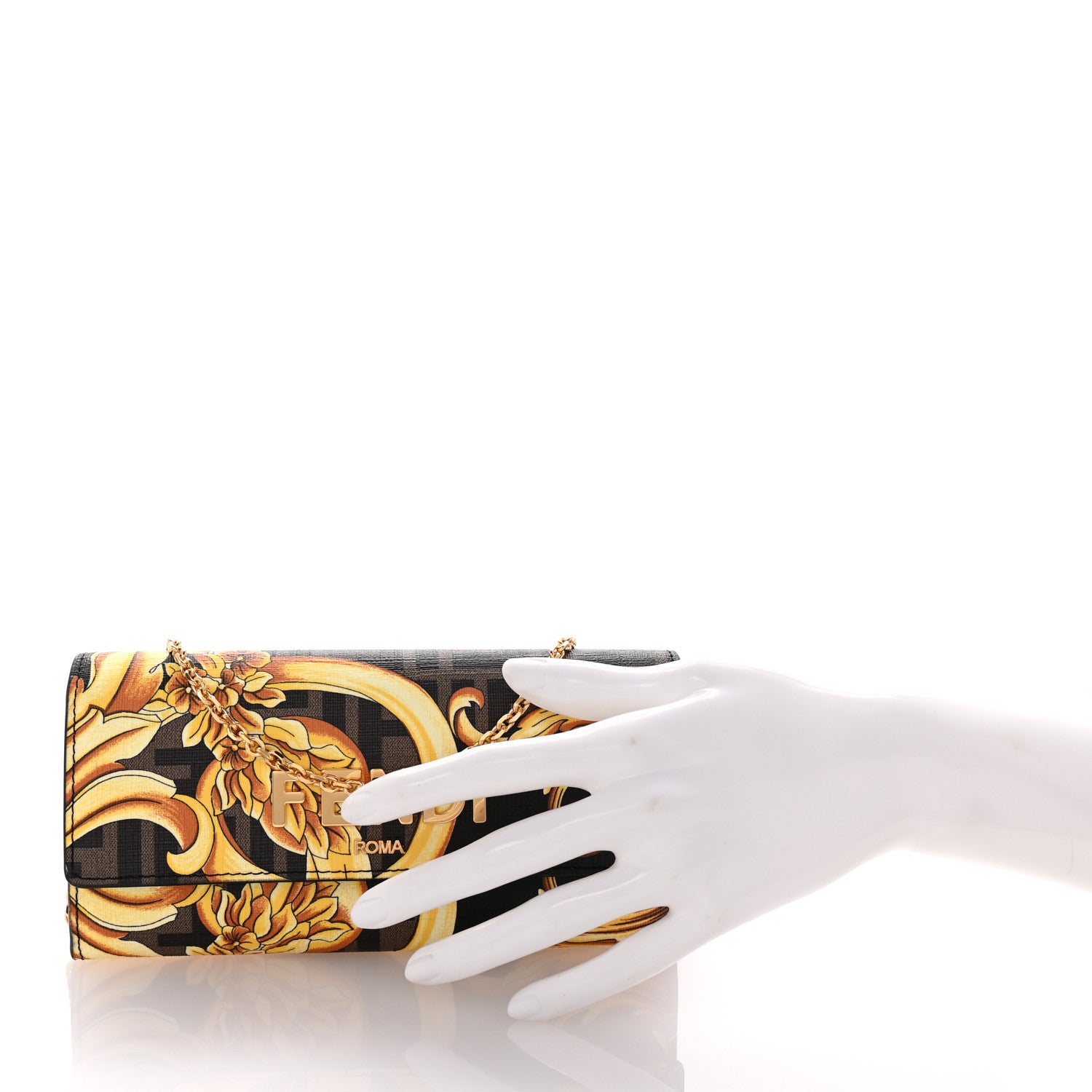 Fendi X VERSACE Glazed Fabric Fendace FF Baroque Continental Wallet On Chain Gold Tobacco Black 2 of 8