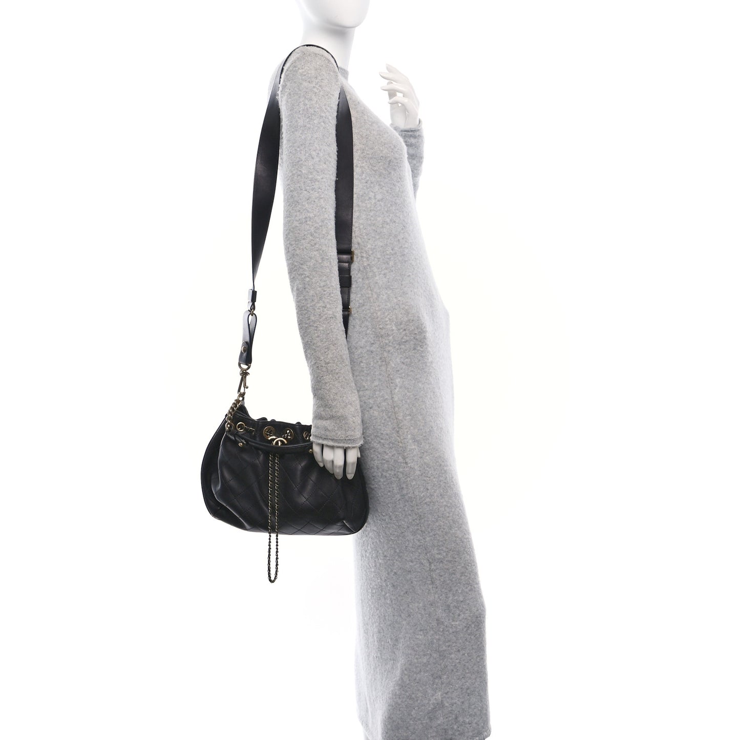 Calfskin Stitched Small Paris Rome Drawstring CC Bag Black