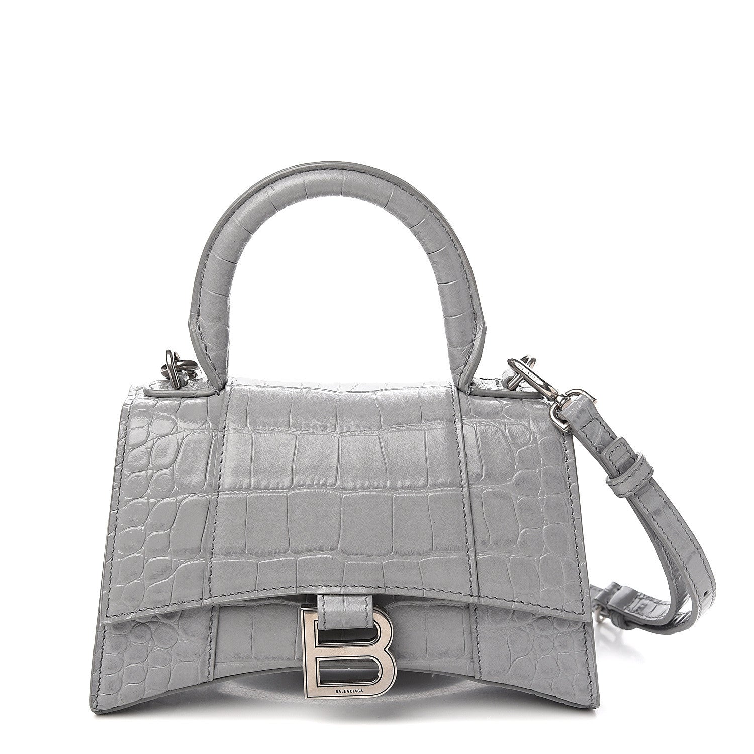 Balenciaga Shiny Calfskin Crocodile Embossed Hourglass Top Handle Bag XS Balenciaga Grey 1 of 10