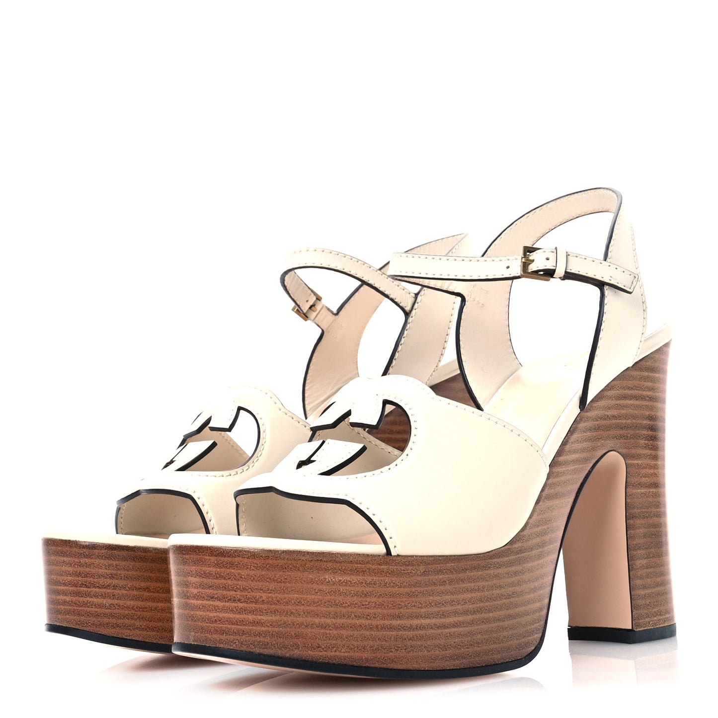 Cosmos Softy Calfskin Wooden Interlocking G Cut-Out 30/120mm Platform Sandals 41 Mystic White