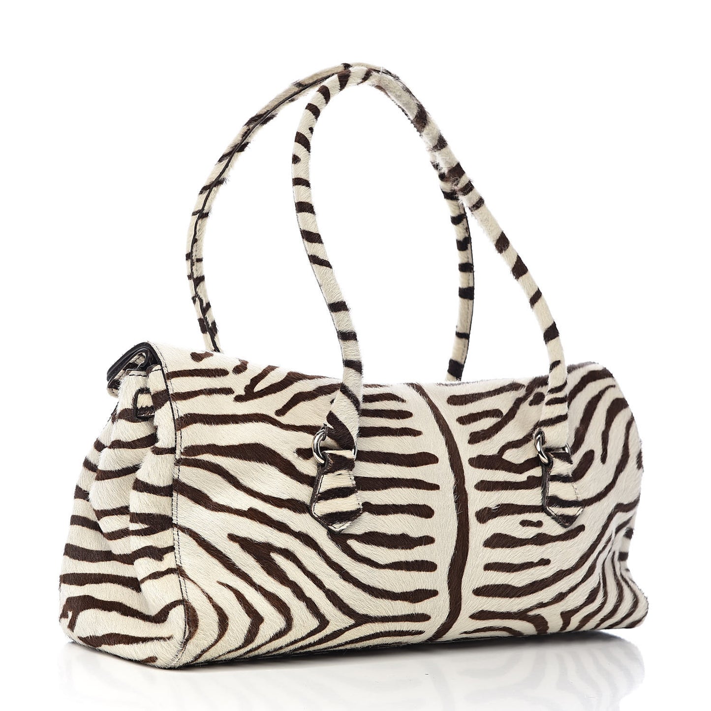 Calf Hair Zebra Print Easy Foldover Pushlock Satchel White Moro
