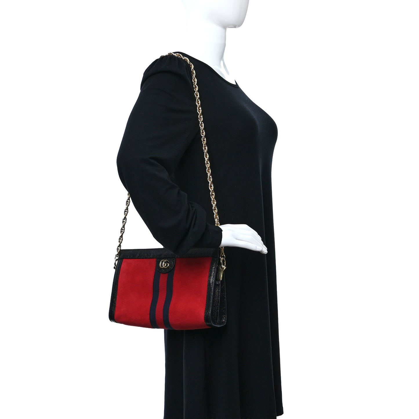 Suede Patent Web Small Ophidia Chain Shoulder Bag Hibiscus Red Black