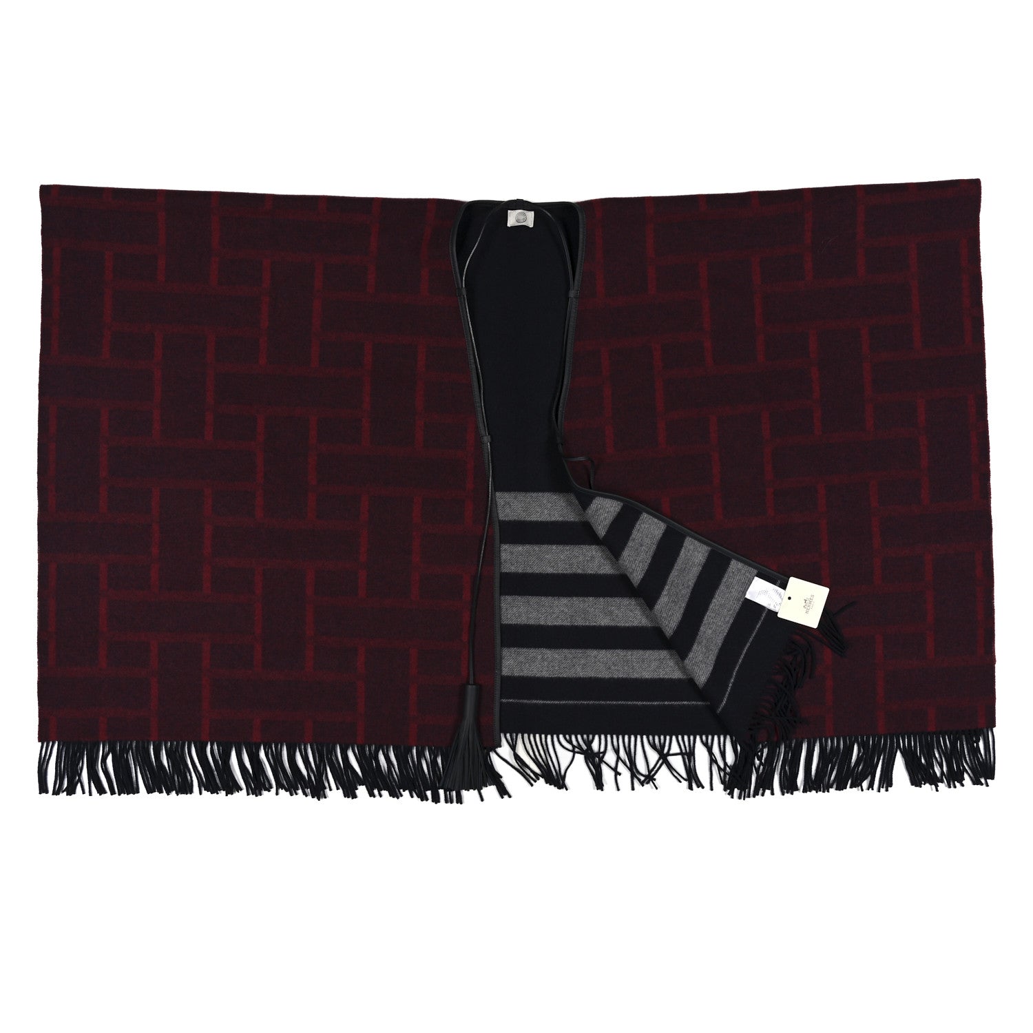 Hermes Wool Cashmere Sikkim Calfskin Quadrille Poncho Navy Rouge H 2 of 4