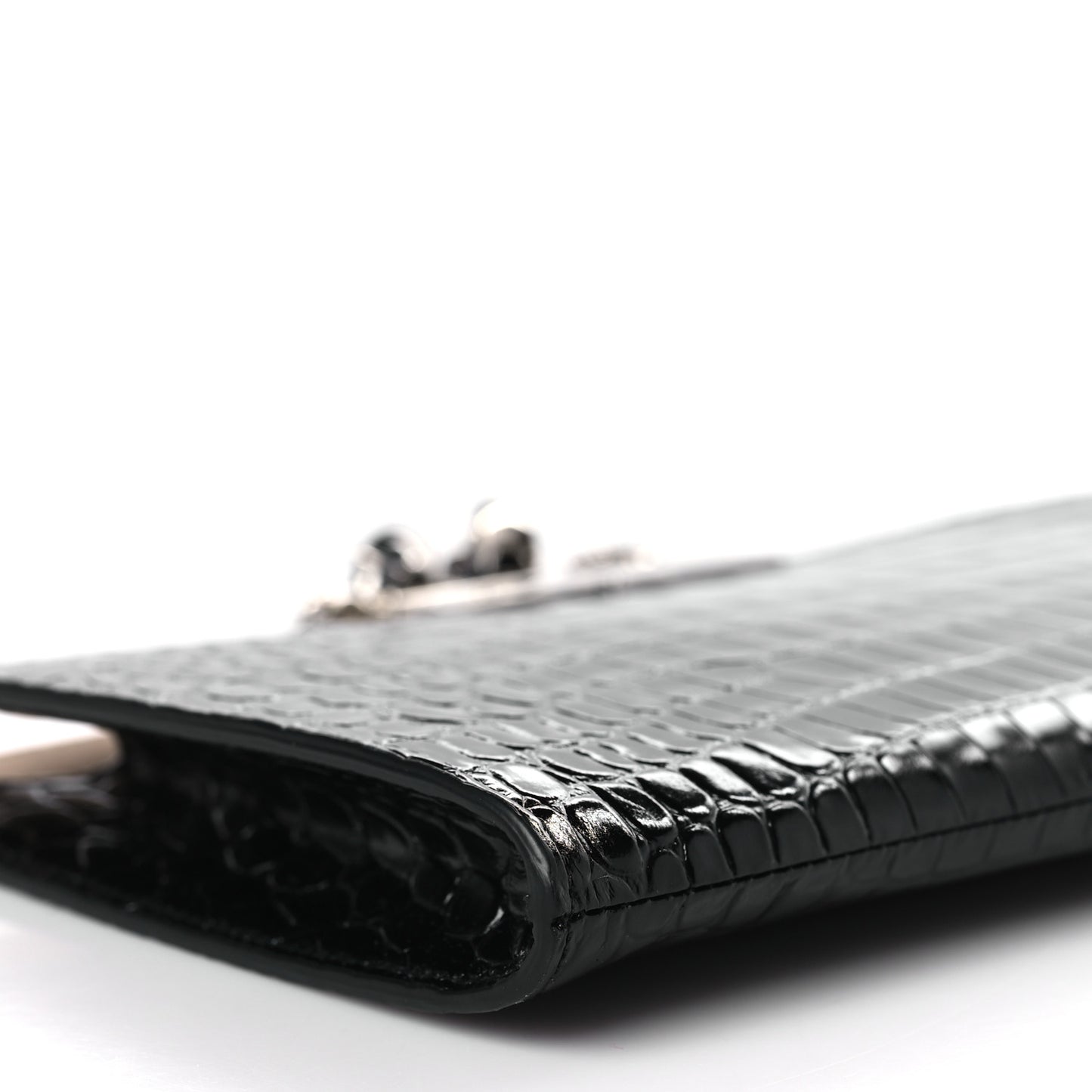 Calfskin Crocodile Embossed Knuckle Flat Clutch Black