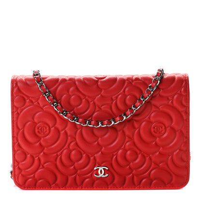 Chanel Caviar Camellia Embossed Wallet On Chain WOC Red 1 of 8
