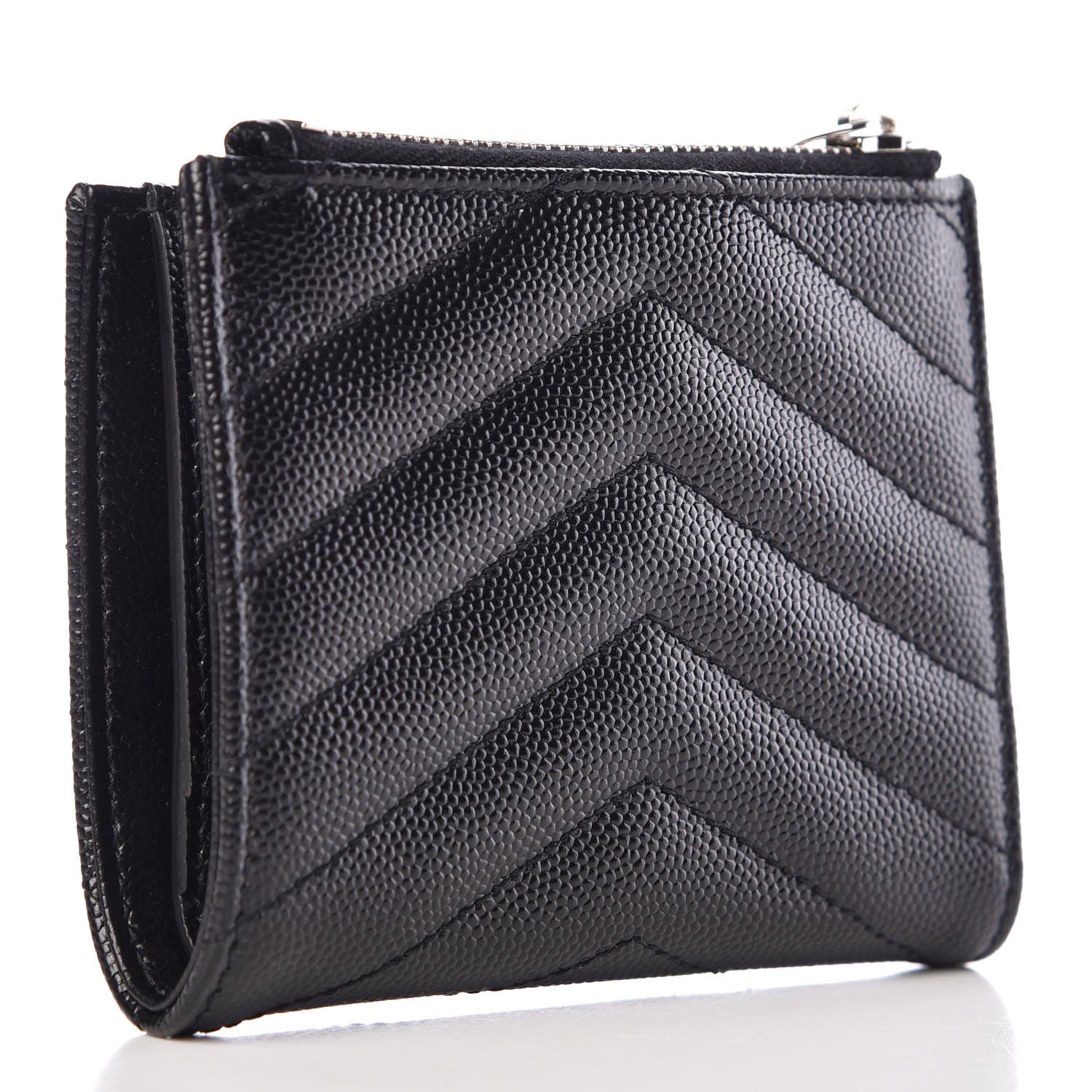 Saint Laurent Grain De Poudre Matelasse Chevron Monogram Zipped Card Case Black 3 of 6